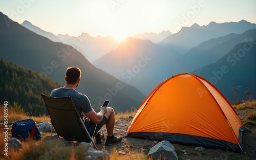 Man traveler relaxing in mountains near of tent camping gear outdoor Travel adventure lifestyle concept hiking active vacations. High quality