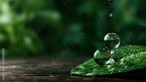 This stunning image features three clear water droplets meticulously perched on a lush green leaf, showcasing the exquisite beauty of nature in a vivid, refreshing setting.
