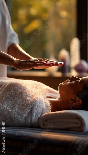 Reiki Healing Session in Bright Wellness Studio – Female Therapist Practicing Reiki Above Full Body of Female Client on Massage Table, Covered with White Towel