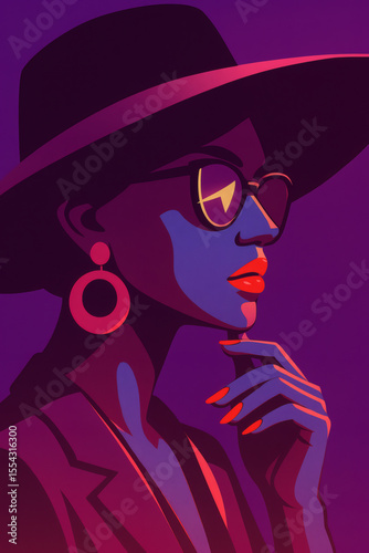 Stylized portrait of a woman in a wide-brimmed hat and retro sunglasses, rendered in bold colors and geometric shapes. She has a thoughtful pose.