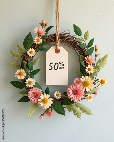 Decorative floral wreath with discount tag hanging on a wall, 50 percent off sale