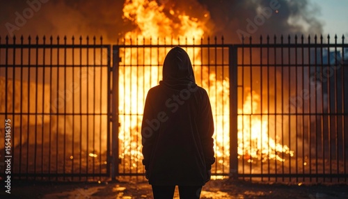 Burning Protest: A solitary figure stands silhouetted against a backdrop of intense flames engulfing the structure, symbolizing unrest and defiance. Capturing the intensity of protest.