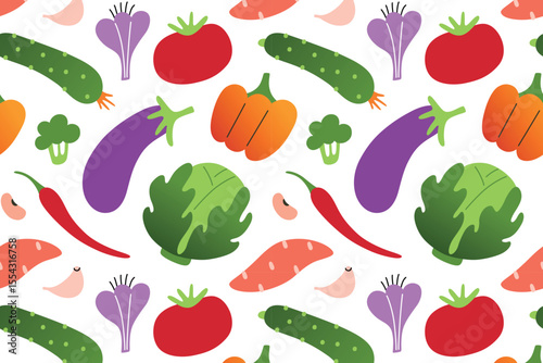 Flat cartoon vector illustration pattern with fresh vegetables in colorful doodle style. Eggplant, cabbage, tomato for eco friendly packaging, healthy food design, farming, kitchen and nutrition theme