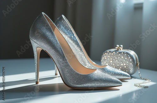 Beautiful fashionable silver high heel shoes for women, on light background with sunbeam