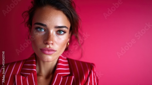 A glamorous woman in a red pinstriped suit strikes a powerful pose against a vibrant pink background, combining fashion-forward style with an assertive and confident demeanor.