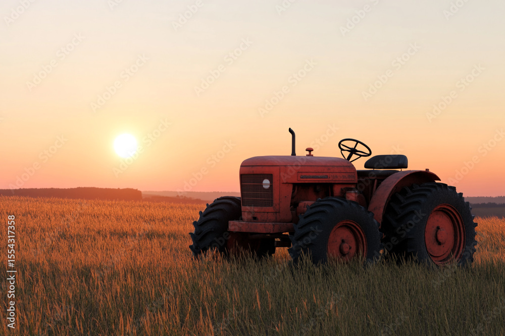 Fototapeta premium Red Tractor in a Field at Sunset