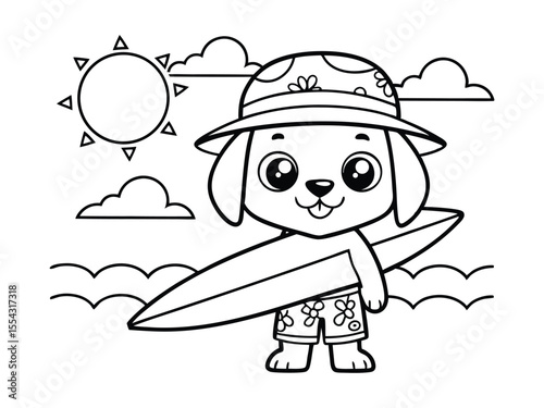 Cartoon puppy with surfboard coloring page. Ready to print. Black and white, children with surfboards