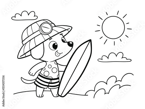 Cartoon puppy with surfboard coloring page. Ready to print. Black and white, children with surfboards