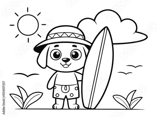Cartoon puppy with surfboard coloring page. Ready to print. Black and white, children with surfboards