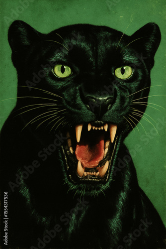 Portrait of a ferocious black panther with sharp fangs bared, its green eyes glaring fiercely against a textured green backdrop.