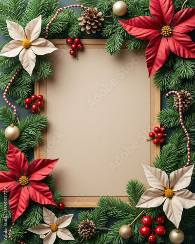Elegant Christmas Frame with Poinsettias and Pine Cones for Holiday Celebrations
