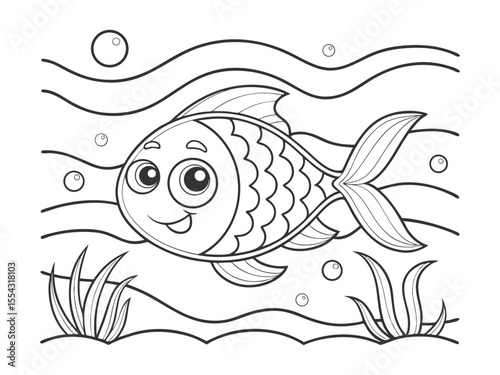 Cartoon fish in water coloring page. Ready to print. Vector illustration of a koi fish isolated on a white background.Cute red koi fish swimming underwater