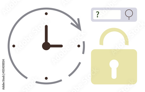 Clock with arrow, padlock, and search bar illustrating time efficiency, data security, and search optimization. Ideal for workflow, productivity, cybersecurity, technology research problem-solving