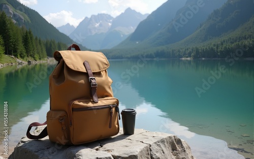Lightweight brown backpack with black cup rests on rock near tranquil lake. Natural background mountains hills forest. Summer hiking camping trip adventure. Concept travel tourism expedition journey
