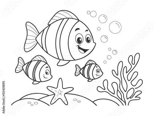 Cartoon fish in water coloring page. Ready to print. Vector illustration of a koi fish isolated on a white background.Cute red koi fish swimming underwater