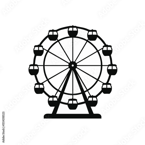 Ferris Wheel Icon with Cabins and Steel Frame, Flat Vector