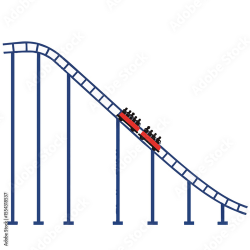 Roller Coaster Track with Cart Going Down, Flat Illustration