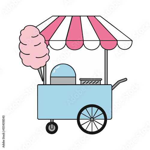 Cotton Candy Cart with Wheels and Canopy, Flat Vector
