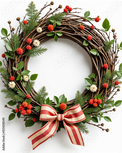 Elegant Natural Wreath with Berries and Ribbon on White Background for Seasonal Decor