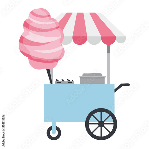 Cotton Candy Cart with Wheels and Canopy, Flat Vector
