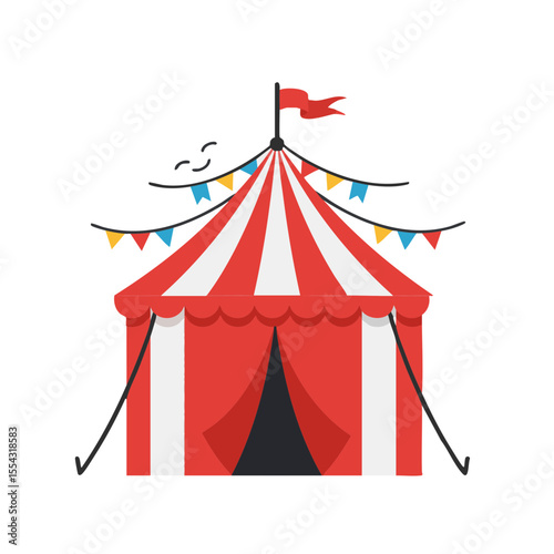 Circus Tent with Flags and Striped Roof, Flat Illustration
