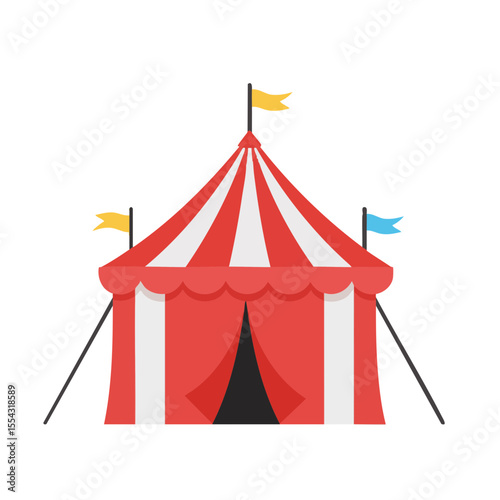 Circus Tent with Flags and Striped Roof, Flat Illustration