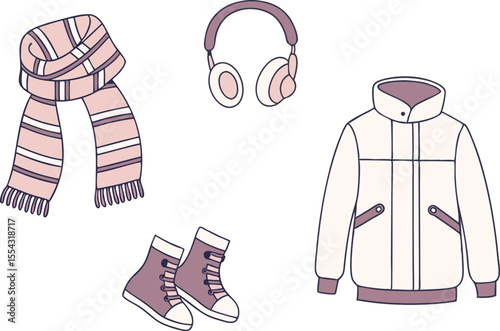 Winter Clothes Set Illustration for December Fashion Themes. Hand Drawn Winter Clothing Collection for Cold Season Design. Cozy Winter Wear Set for Holiday and Seasonal Projects. December Winter