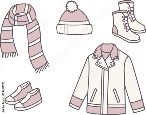 Winter Clothes Set Illustration for December Fashion Themes. Hand Drawn Winter Clothing Collection for Cold Season Design. Cozy Winter Wear Set for Holiday and Seasonal Projects. December Winter