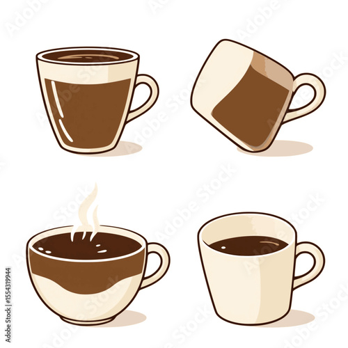 Set of four coffee mugs with heart symbols and steam, cozy love and coffee concept in simple warm-toned vector illustration