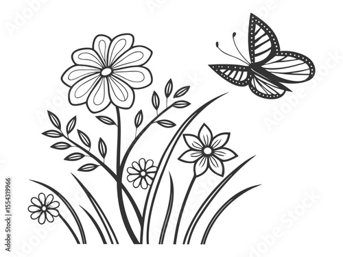 Butterfly and flowers coloring page. You can print it. A black and white drawing of a butterfly flying over flowers in a field
