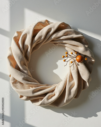 Elegant Beige Fabric Circle Decorated with Natural Elements on a Light Background