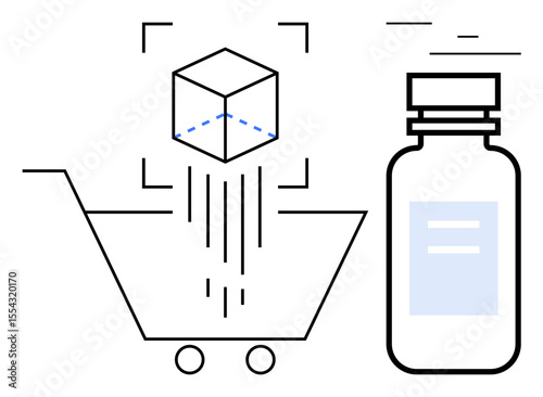 Shopping cart with a 3D cube scan, illustrating technology, medicine, and online shopping themes. Ideal for e-commerce, healthcare, innovation, logistics, augmented reality retail simple landing