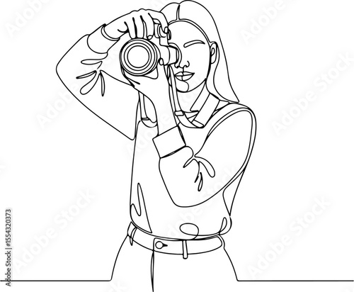One-Line Vector of a Female Photographer in Action – Capturing the Moment with Style