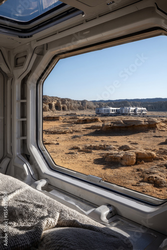 Interior of a residential module on another planet with a large window. Outside the window is a view of another planet.