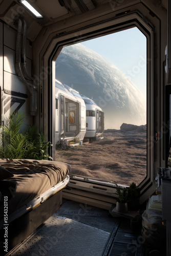 Interior of a residential module on another planet with a large window. Outside the window is a view of another planet.