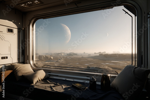 Interior of a residential module on another planet with a large window. Outside the window is a view of another planet.