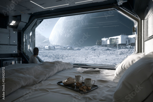 Interior of a residential module on another planet with a large window. Outside the window is a view of another planet.