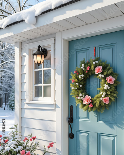 Beautiful Winter Door Decor with Wreath and Snowy Landscape in Cozy Neighborhood Setting