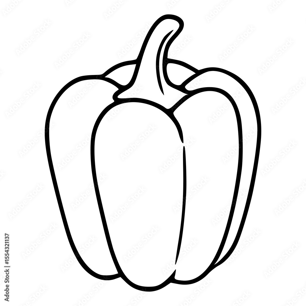 A vector illustration of a bell pepper, characterized by its bold black outline and simplified, cartoonish style, ideal for culinary designs or childrens books. A vector illustration of a bell pepper, characterized by its bold black outline and simplified, cartoonish style, ideal for culinary designs or childrens books.