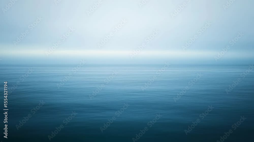 Calm blue sea under soft light with smooth horizon line, peaceful ocean view with minimal fog and sky