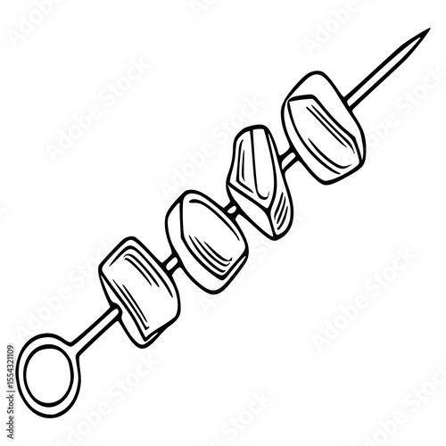 A vector illustration of a shashlik skewer with four pieces of meat, presented in a hand-drawn style with bold black outlines against a white background, showcasing a simple yet effective design fo...
