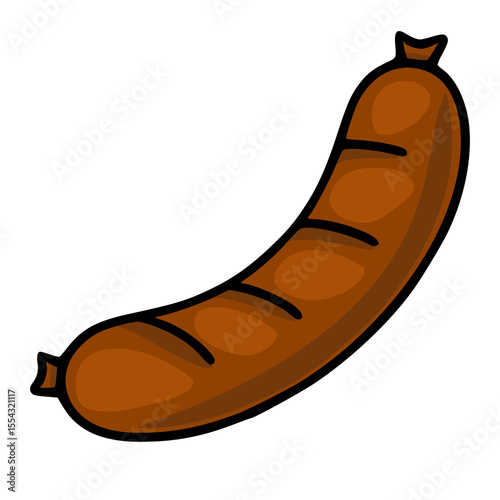 A vector illustration of a single, curved brown sausage with visible grill marks, presented in a cartoonish style against a white background.