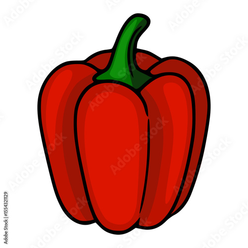 A vibrant vector illustration of a single, ripe red bell pepper with a distinct green stem, presented in a bold, cartoonish style against a clean white background.