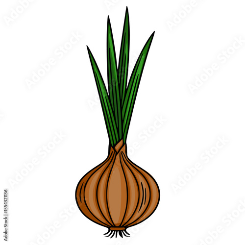 A detailed vector illustration of a single brown onion with vibrant green shoots, showcasing a hand-drawn style with visible texture and shading for a rustic, organic feel.