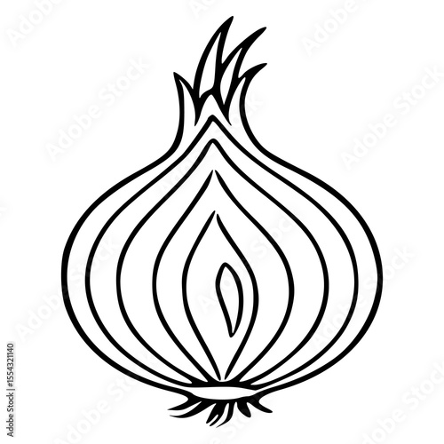 A stylized vector illustration of a halved onion, showcasing bold black lines and a minimalist design, ideal for culinary or artistic applications.