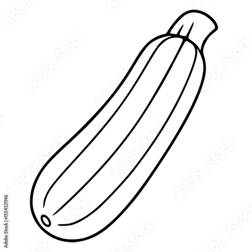 A vector illustration of a single zucchini, depicted in a simple, hand-drawn style with bold black outlines against a white background, showcasing its elongated shape and characteristic ribbed text...