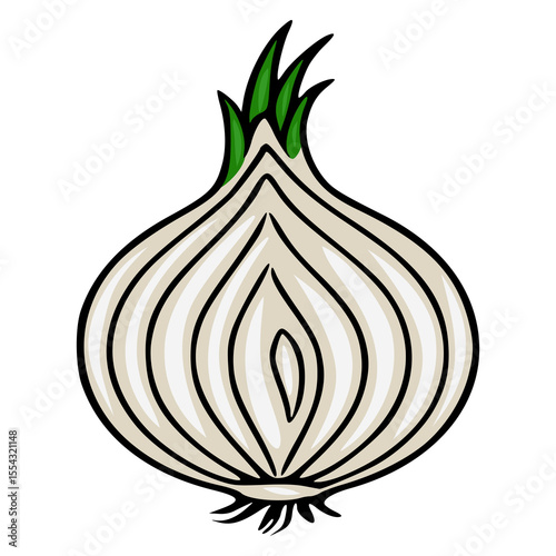 A detailed vector illustration of a halved onion with a stylized, cartoonish design, featuring beige and white layers, black outlines, and vibrant green sprouts.