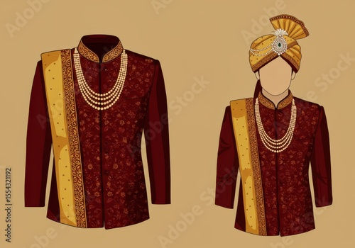Illustration of indian wedding attire featuring a sherwani and turban on a neutral background