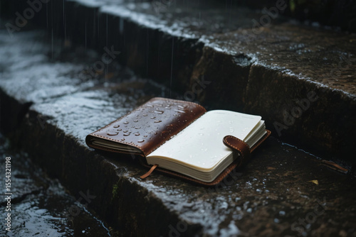 close up of  journal book in the rain