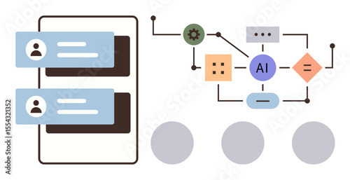 AI-driven process flow with user interface messages, nodes, connections, and decision-making blocks. Ideal for automation, technology, data analysis, innovation, machine learning business strategy